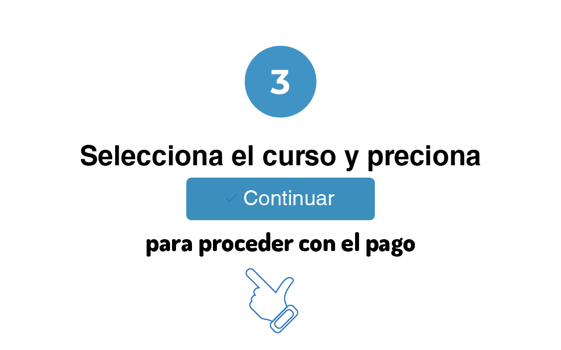 Tercer paso: seleecionar el curso y dar click en continuar, para proceder con el pago